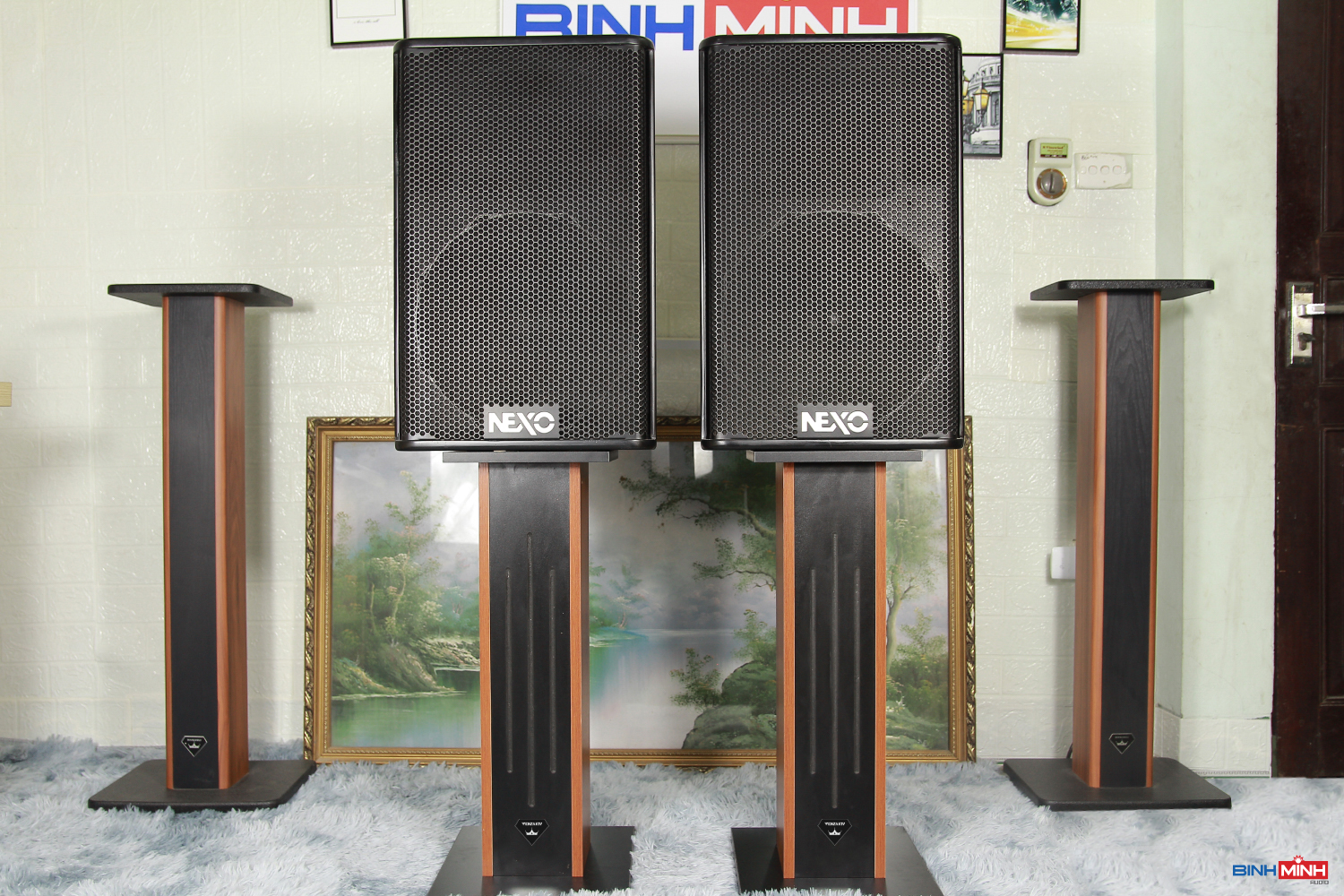 Chân loa karaoke VenzaKTV BM 85 trưng bày loa full Nexo Bass 30